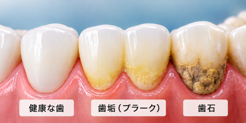 歯に付着した歯垢と歯石のイメージ