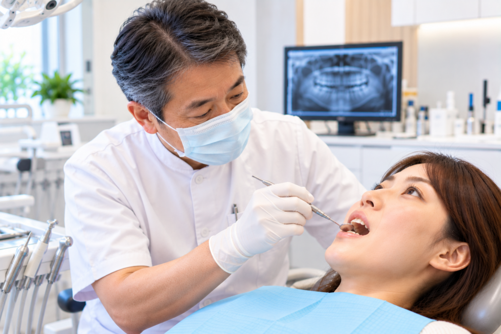 57歳くらいの日本人男性歯科医師が急な歯の痛みを診察している様子