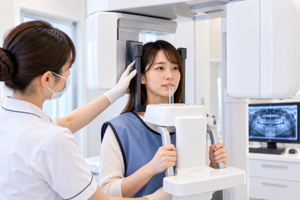 若い女性患者がパノラマレントゲン検査を受けている様子