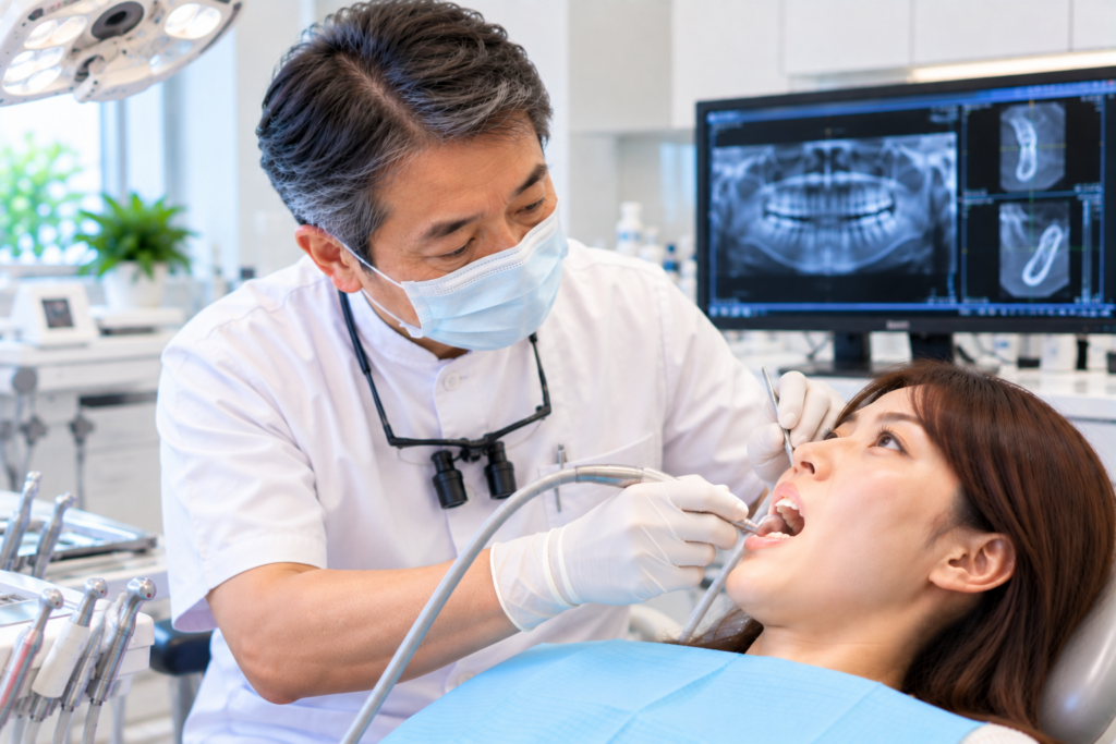 57歳くらいの日本人男性歯科医師が歯を削って治療している様子
