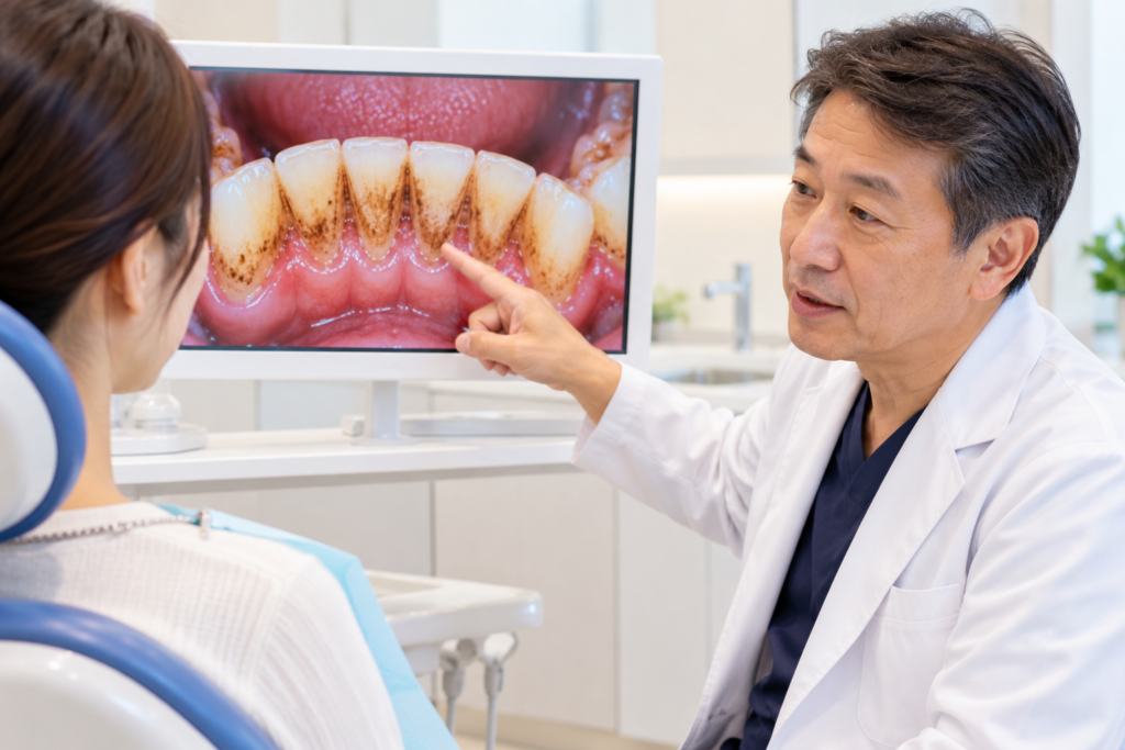 歯科医師が患者に歯のヤニや着色について説明する様子