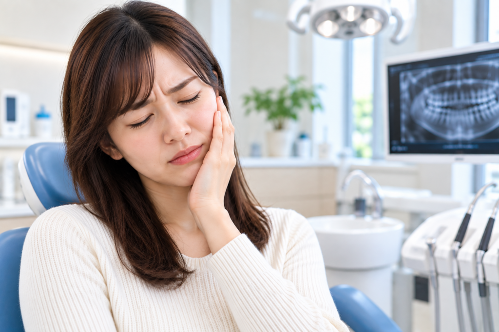 親知らずの痛みで頬を押さえる患者