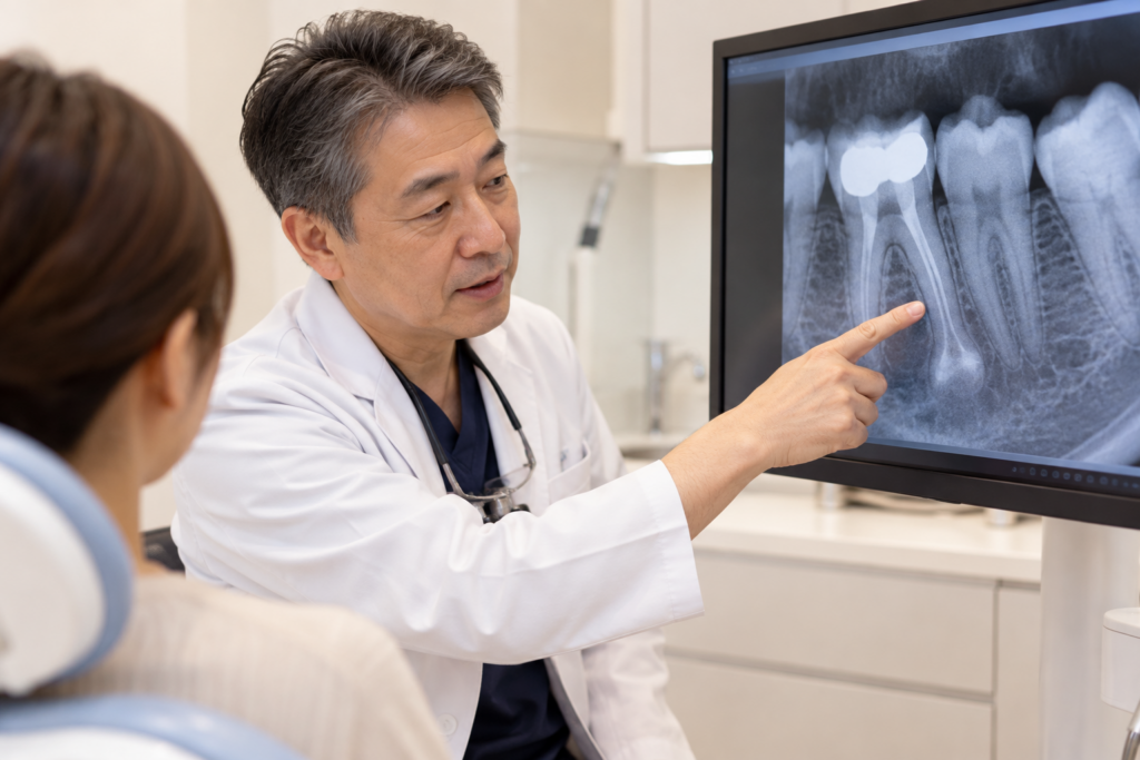 歯科医師がフィステルの原因を診察する様子