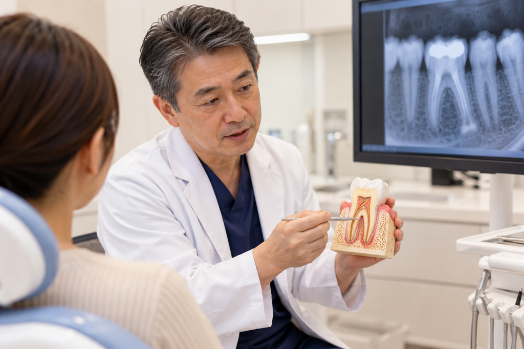 歯科医師が歯茎のできものについて患者に説明する様子