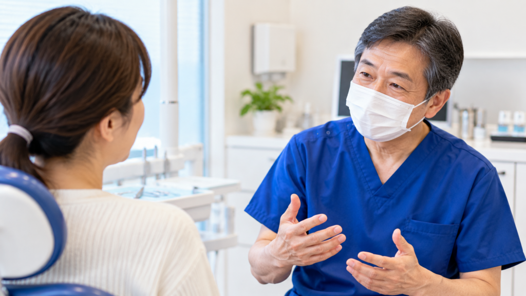歯科医師が久しぶりに受診した患者の不安や悩みを聞いている様子
