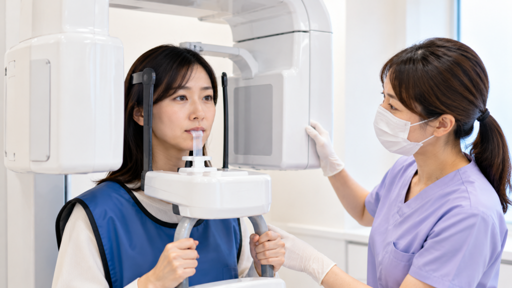 久しぶりに歯医者を受診した患者がパノラマレントゲン検査を受けている様子