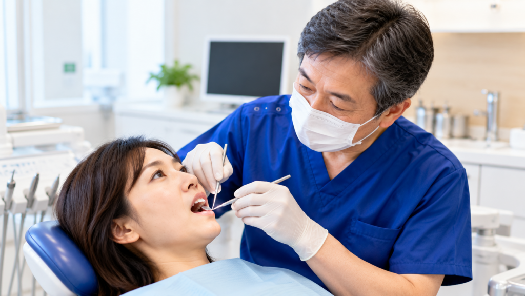 歯科医師が久しぶりに受診した患者の口腔内を丁寧に診察している様子