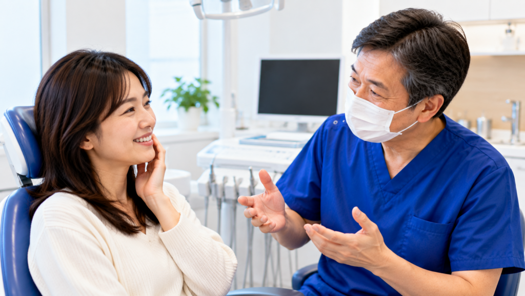 久しぶりの歯科診察を終えて安心した表情で歯科医師と話す患者